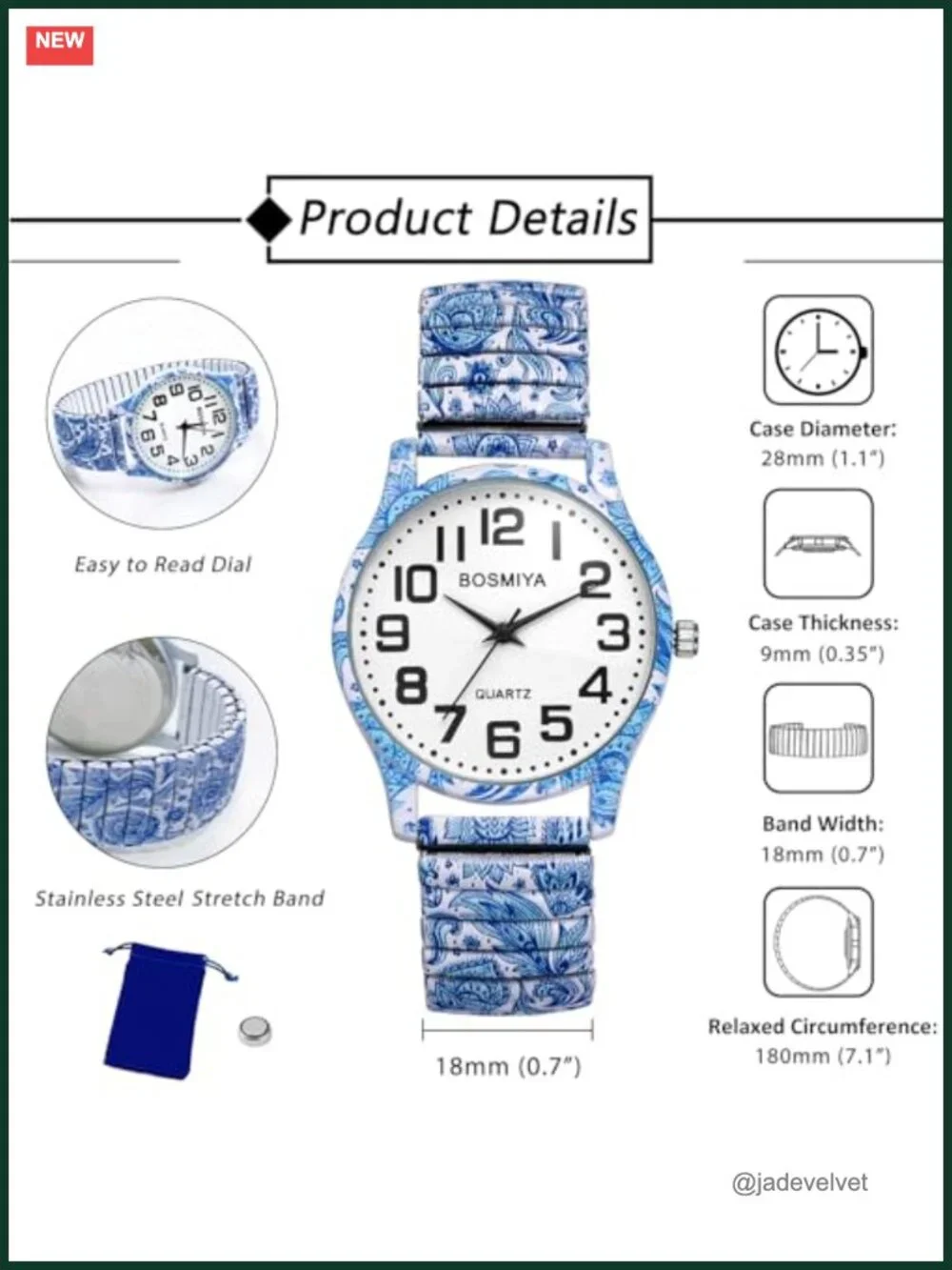 Boho Printed Elastic Stretch Band Bangle Wrist Watch for Women Easy Reader